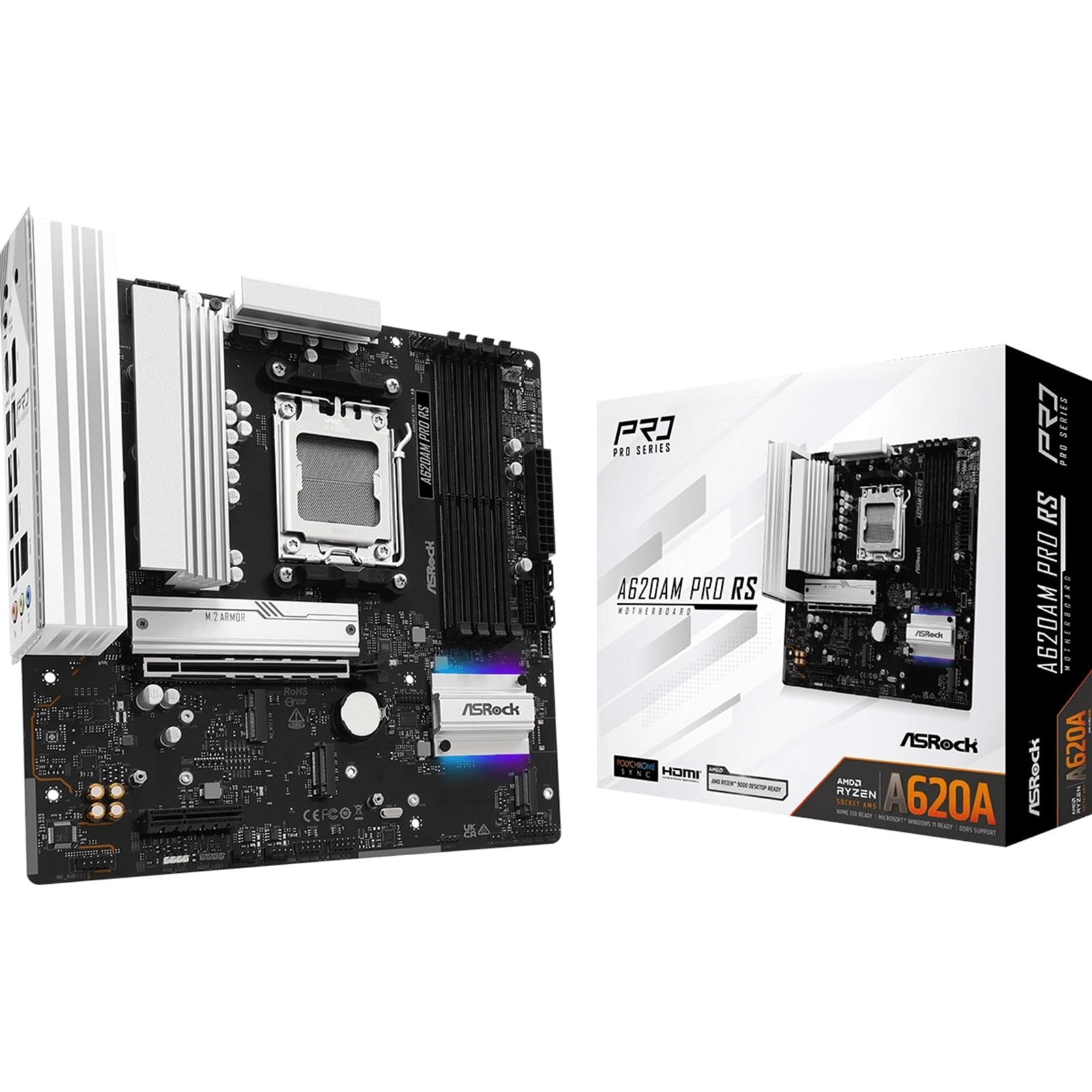 Asrock A620AM PRO RS, AMD A620A, AM5, Micro ATX, 4 DDR5, HDMI, DP, 2.5G LAN, RGB, 3x M.2