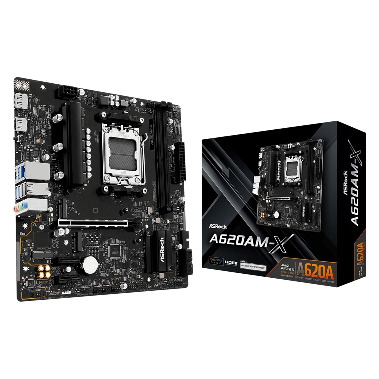 Asrock A620AM-X AMD Socket AM5 Motherboard, 2 x DDR5 DIMM Slots, 1 x M.2 Socket (Key E), 3 x USB 3.2 Type-C, 2.5G LAN, 1 x HDMI Port/ 1 x Display Port