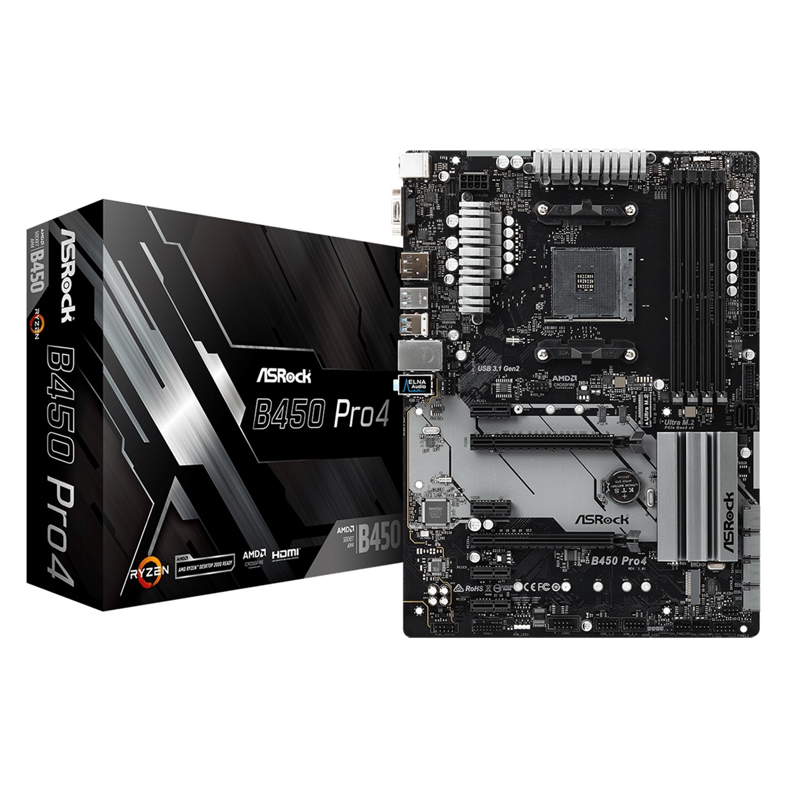 Asrock B450 Pro4 R2.0 Super Alloy AMD AM4 Socket Motherboard, ATX, 4x DDR4 Slots, 2x M.2 Sockets, GbE LAN, 1x D-Sub / 1x DisplayPort / 1x HDMI Port