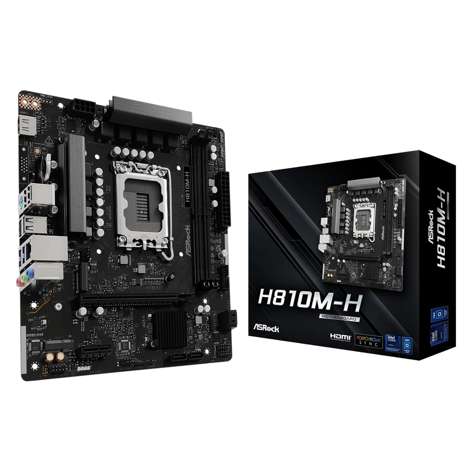 Asrock H810M-H Intel Socket 1851 Motherboard, 2 x DDR5 DIMM Slots, 1 x Hyper M.2 Socket , ASRock Intel 4-Layer Memory POOL 1 x HDMI Port/ 1 x Display Port