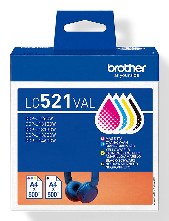Brother LC-521VAL Ink cartridge multi pack Bk,C,M,Y, 4x500 pages ISO/IEC 19752 Pack=4 for Brother DCP-J 1260