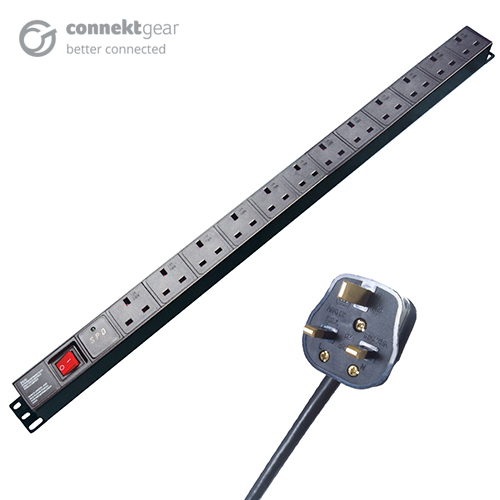 connektgear 3m 12 Way Surge Protected Vertical Rack Mount Power Extension Block - UK Plug to 12 x UK Sockets - Black