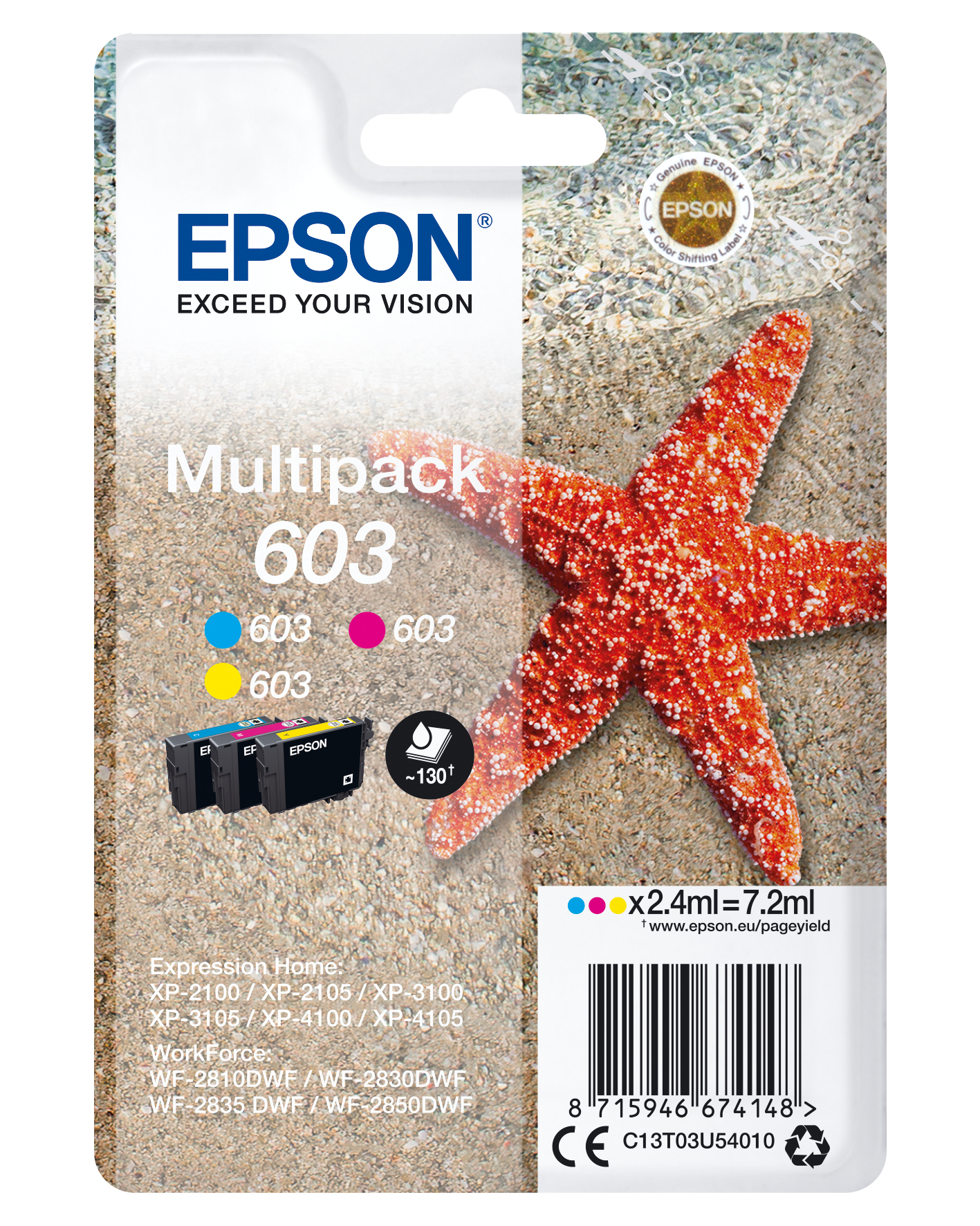 Epson C13T03U54010/603 Ink cartridge multi pack C,M,Y, 3x130 pages ISO/IEC 24711 7.2ml Pack=3 for Epson XP 2100