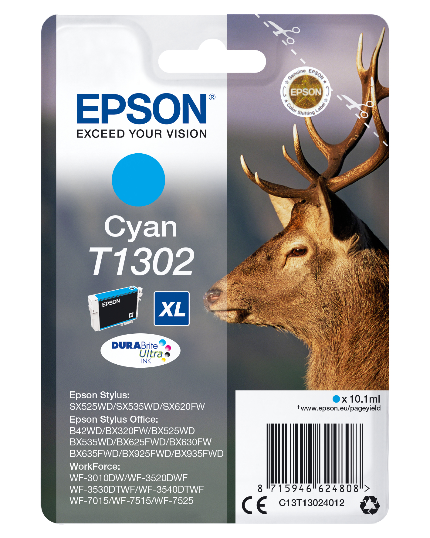 Epson C13T13024012/T1302 Ink cartridge cyan XL, 765 pages 10,1ml for Epson Stylus BX 320/SX 525/WF 3500