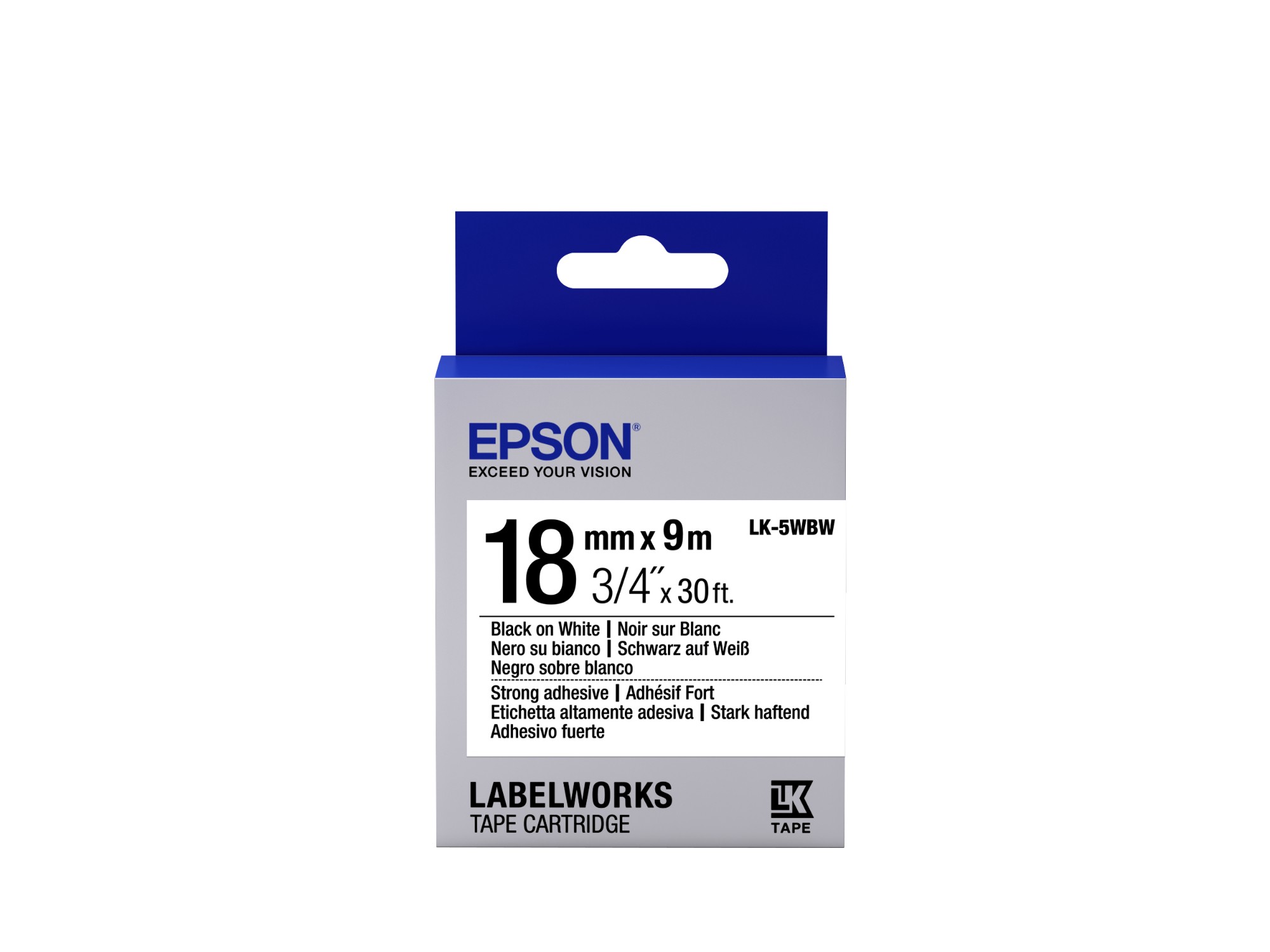 Epson C53S655012/LK-5WBW Ribbon black on white extra adhesive 18mm x 9m for Epson LabelWorks 4-18mm/24mm/36mm/6-18mm/6-24mm