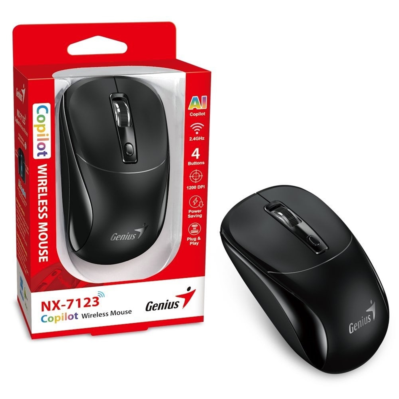Genius Computer Technology NX-7123 Copilot AI Wireless Mouse, 2.4 GHz with USB Receiver, 1200 DPI, 4 Button with Scroll Wheel, Ambidextrous Design, Black