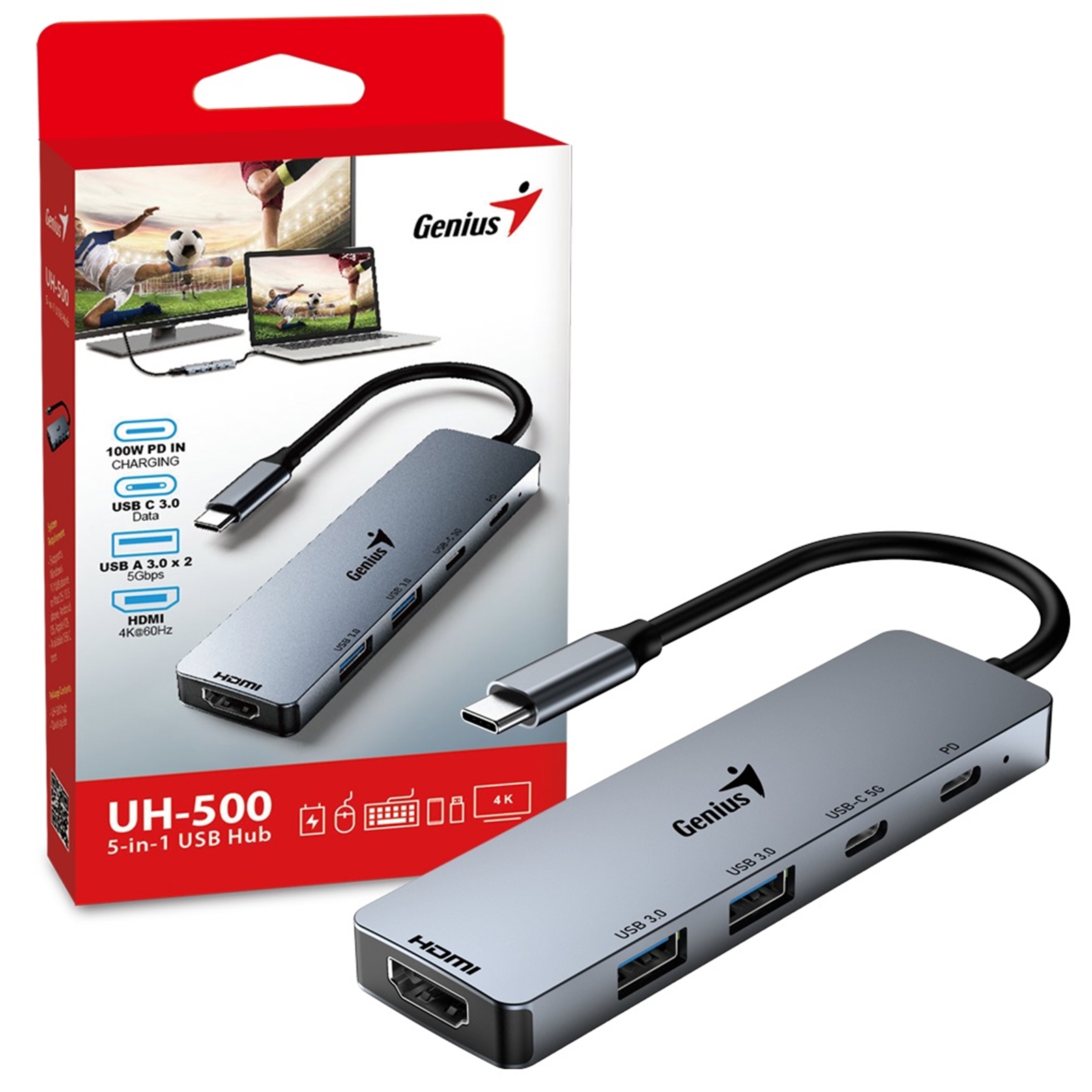 Genius Computer Technology USB Type-C 5-In-1 Hub Docking Station with USB-C 100W Power Delivery, USB-C 3.0, 2x USB A 3.0, 4K HDMI, PC, Laptop, Tablets, iPad, MacBook, iMac Compatible