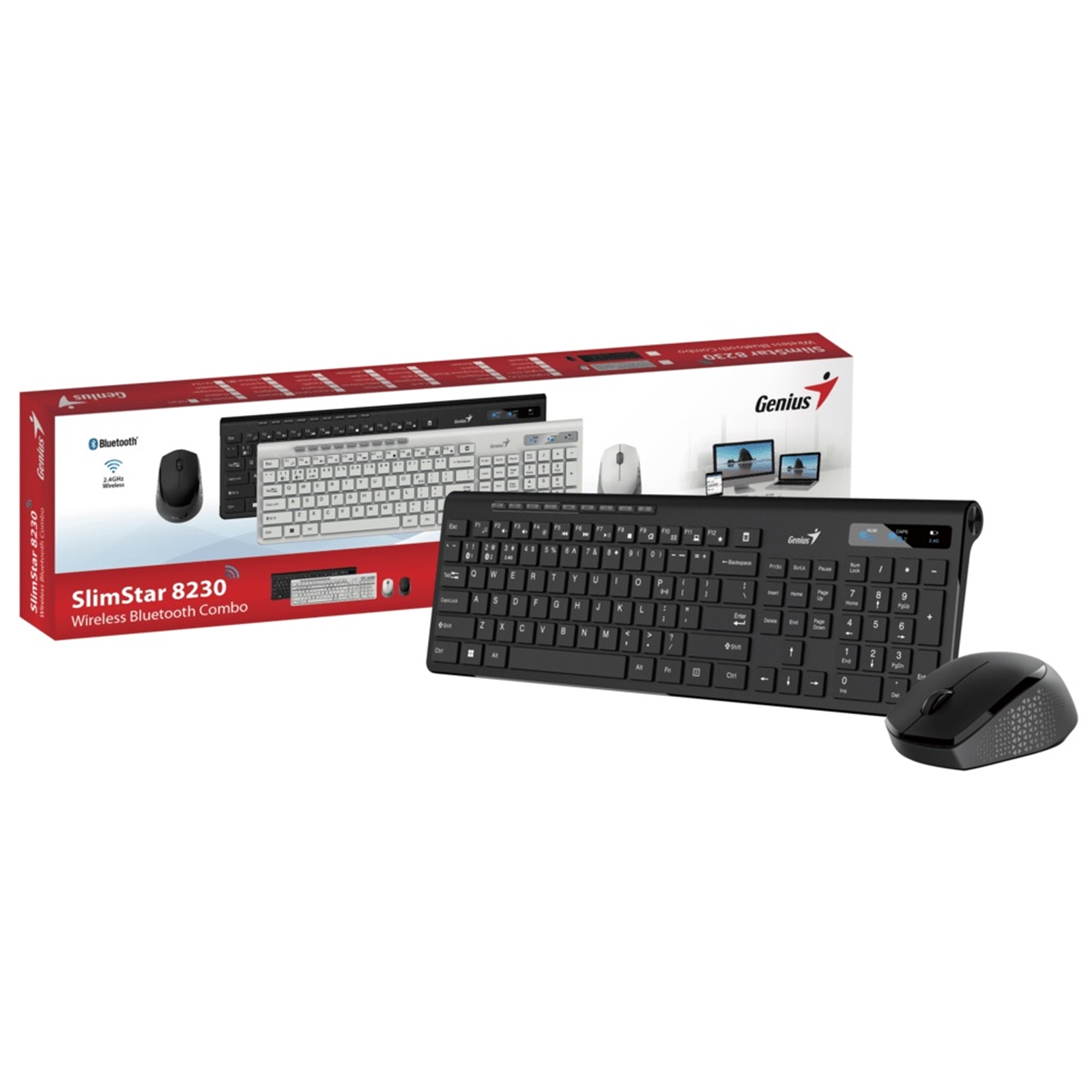 Genius Computer Technology SlimStar 8230 Bluetooth 5.3 and 2.4GHz Wireless Keyboard and Mouse Set, 12 Multimedia Function Keys, Full Size UK Layout, Optical Sensor Mouse, 1200dpi, Connect up to 3 devices simultaneously