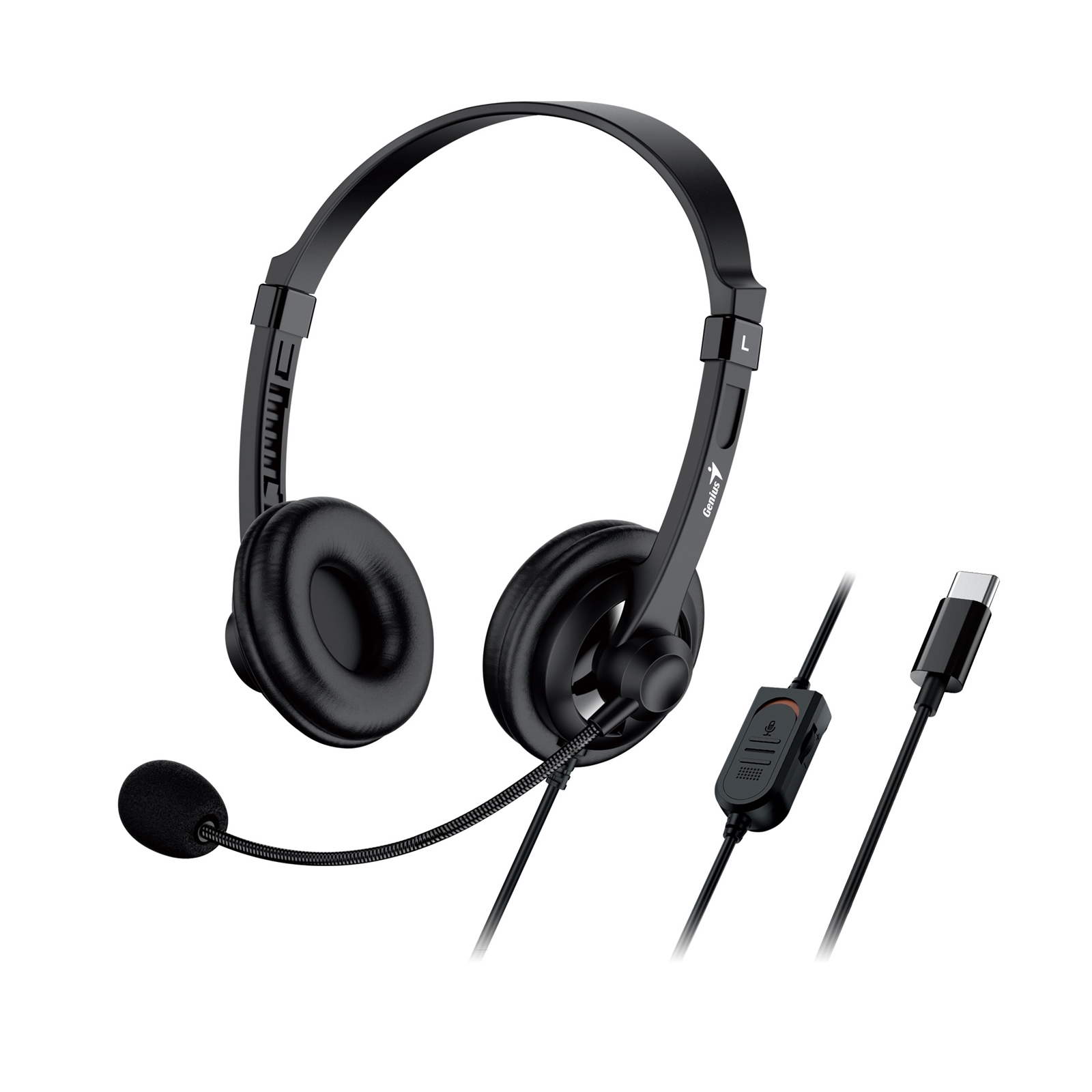 Genius Computer Technology HS-230U Headset with Mic, USB-C Connection, Plug and Play, Adjustable Headband and microphone with In-line Volume Control, Black