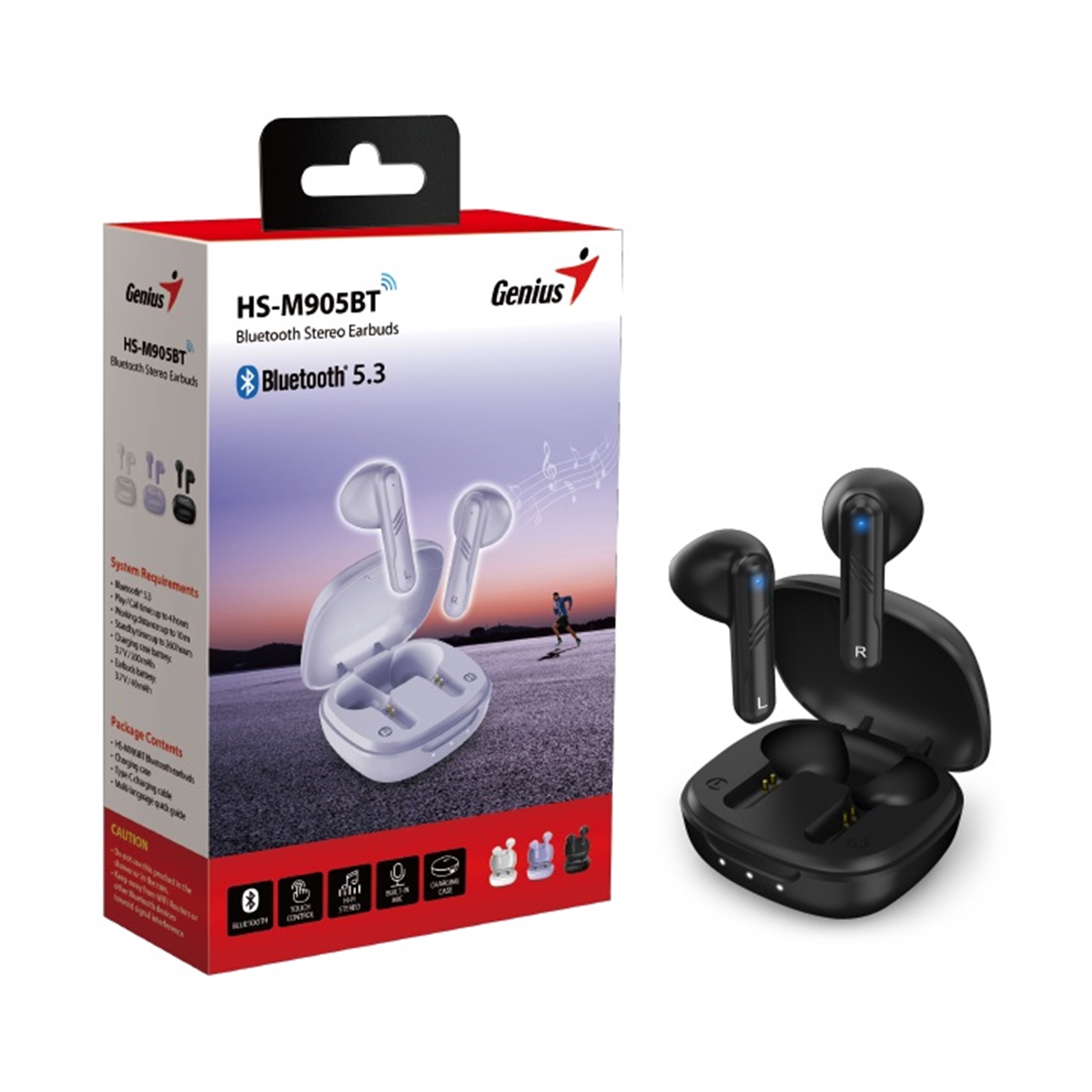 Genius Computer Technology HS-M905BT TWS True Wireless Earbuds, Bluetooth 5.3 Connectivity, Automatic Pairing and Touch Control Feature with Wireless Charging Case, Android, IOS and Windows Compatible, Black