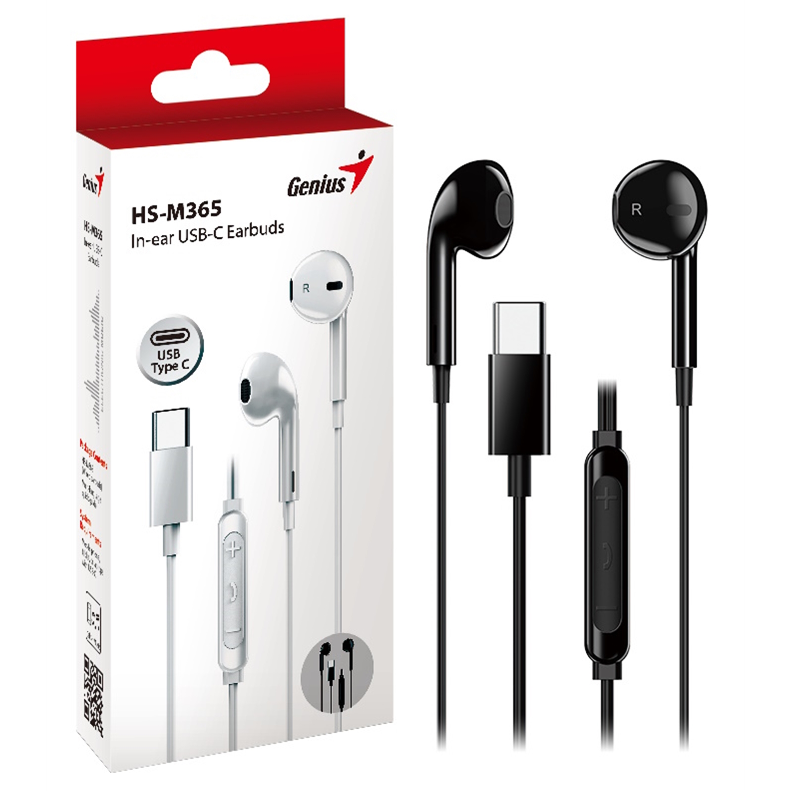 Genius Computer Technology HS-M365B USB-C In-Ear Wired Earbuds with In-Line Microphone and Volume Controls Black