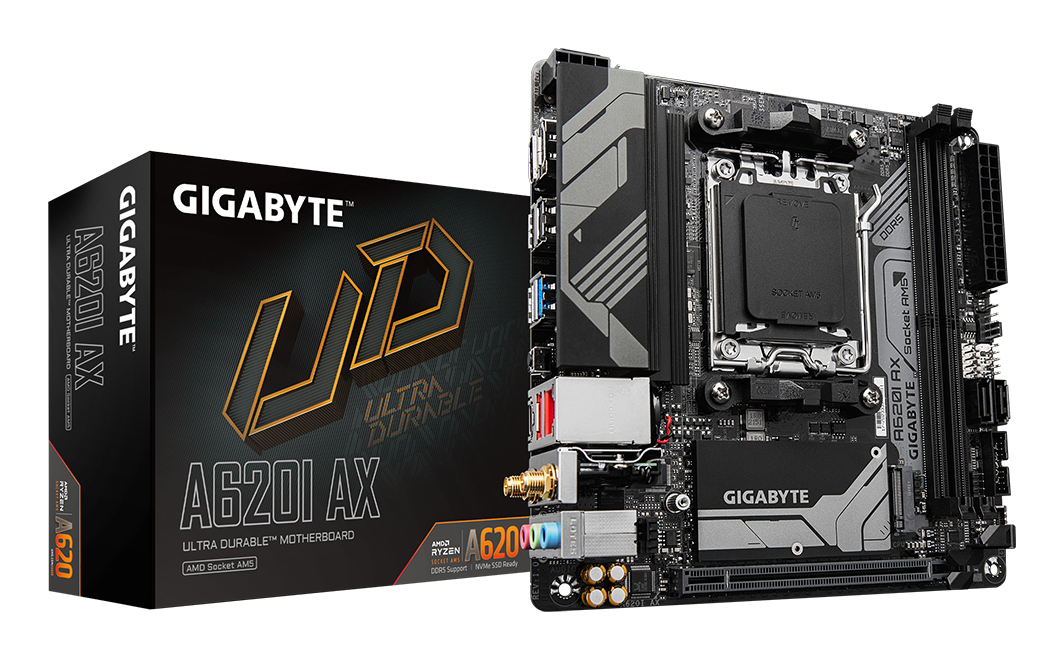 GIGABYTE A620I AX Motherboard - Supports AMD Ryzen 8000 CPUs, 5+2+1 Phases Digital VRM, up to 6400MHz DDR5 (OC), 1xPCIe 4.0 M.2, Wi-Fi 6E, 2.5GbE LAN, USB 3.2 Gen 2