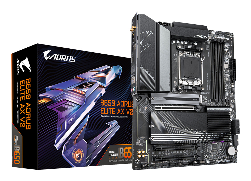 GIGABYTE B650 AORUS ELITE AX V2 Motherboard - AMD Ryzen 9000 Series CPUs, 12+2+2 Phases VRM, up to 8000MHz DDR5 (OC), 1xPCIe 5.0 + 2xPCIe 4.0 M.2, 2.5GbE LAN, WIFI 6E, USB 3.2 Gen 2