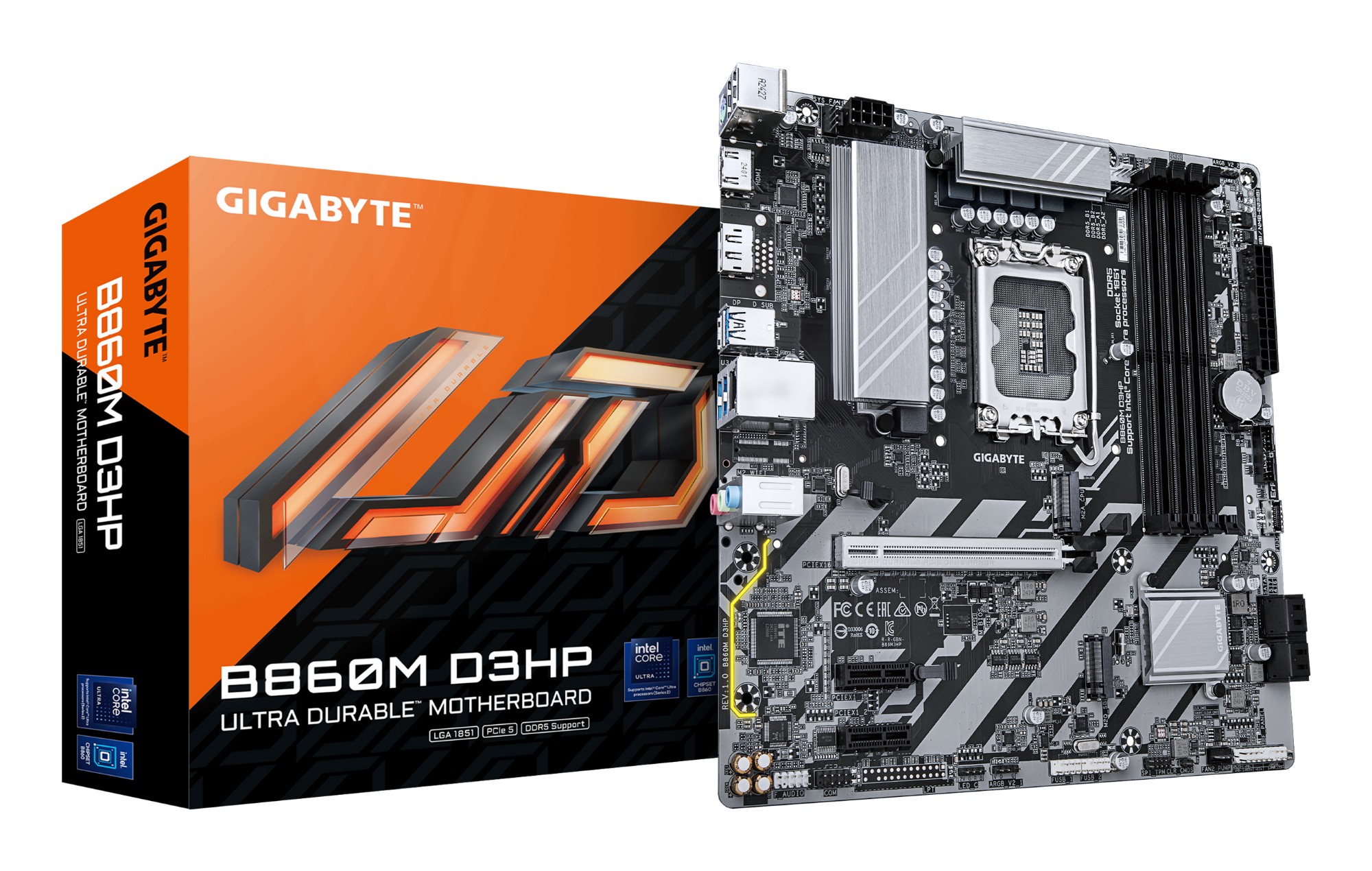 GIGABYTE B860M D3HP Motherboard - Intel Core Ultra Series CPUs, 4+1+2+1 Phases VRM, up to 9066MHz DDR5, 2xPCIe 4.0 M.2, GbE LAN, USB 3.2 Gen 1