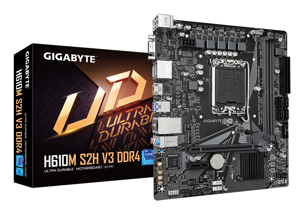 GIGABYTE H610M S2H V3 DDR4 Motherboard - Supports Intel Core 14th CPUs, 4+1+1 Hybrid Digital VRM, up to 3200MHz DDR4, 1xPCIe 3.0 M.2, GbE LAN , USB 3.2 Gen 1
