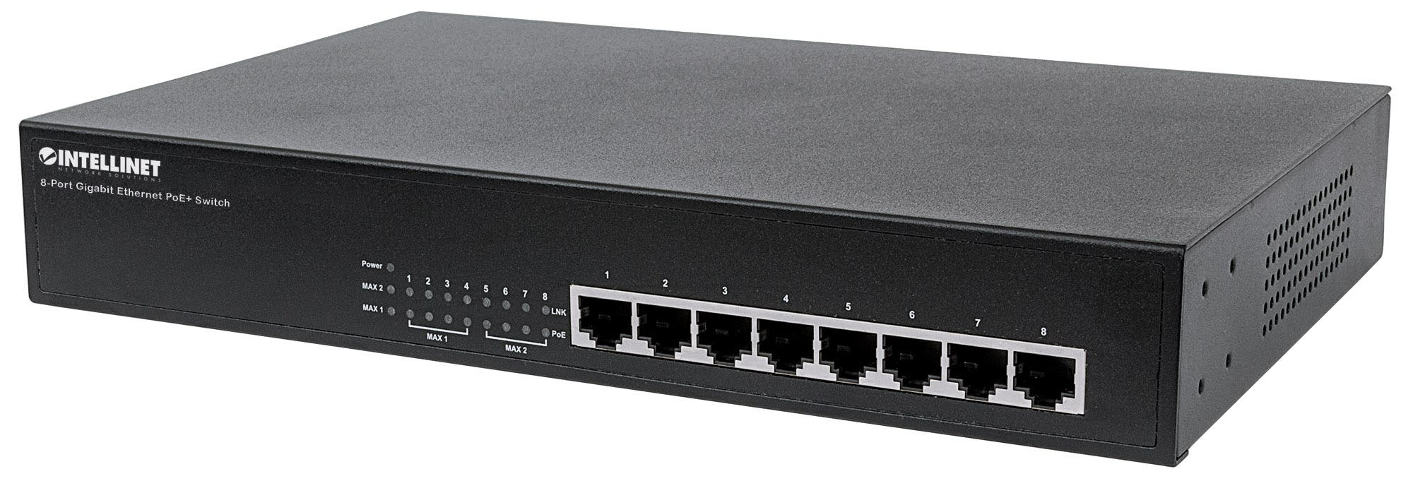 Intellinet 8-Port Gigabit Ethernet PoE+ Switch, 8 x PoE ports, IEEE 802.3at/af Power-over-Ethernet (PoE+/PoE), Endspan, Desktop (UK power cord)