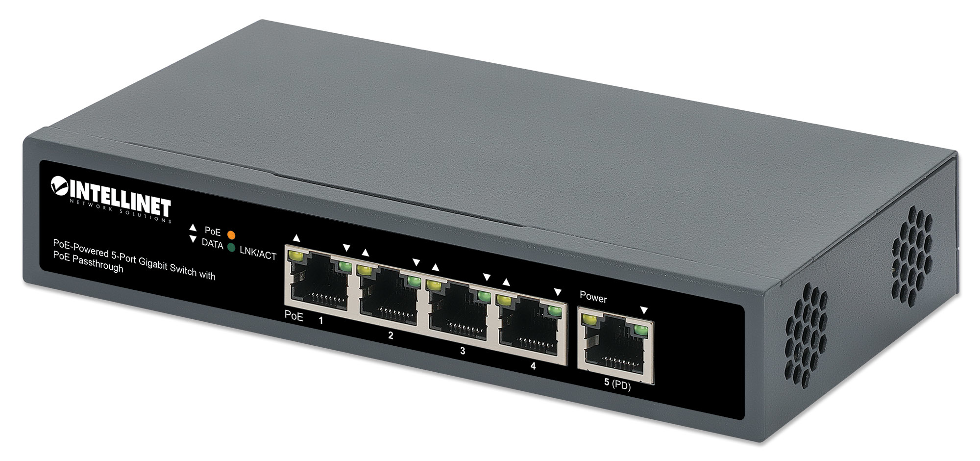 Intellinet 5-Port Gigabit Switch with PoE Passthrough, One IEEE 802.3bt (PoE++ / 4PPoE) PD PoE Port with 95 W Power Input, Four PSE PoE ports, PoE Power Budget up to 65 W, IEEE 802.3at/af Compliant Output, Desktop, Wall-mount Option (UK Power cord)