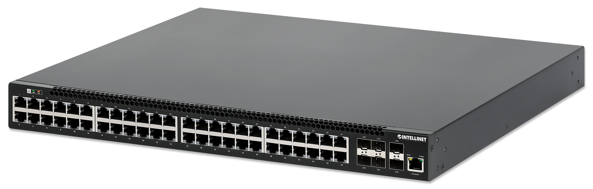 Intellinet 54-Port L3 Fully Managed PoE+ Switch with 48 Gigabit Ethernet Ports and 6 SFP+ Uplinks (with UK power cord)