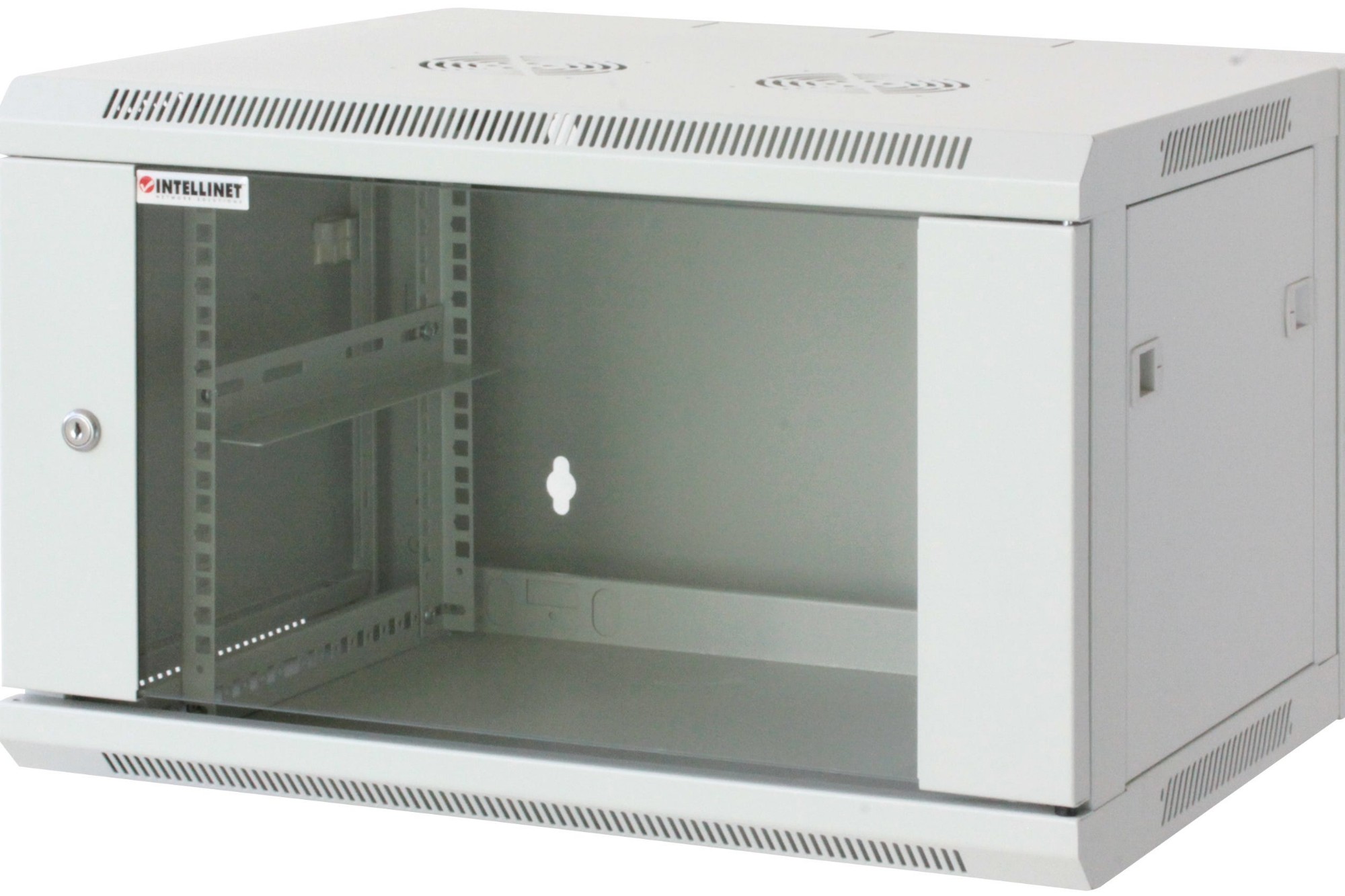 Intellinet 19" Network Cabinet - Wall Mount (Standard), 12U, 600mm Deep, Grey, Assembled, Max 60kg, Metal & Glass Door, Back Panel, Removeable Sides,Suitable also for use on desk or floor, Usable Depth 500mm, Parts for wall install (eg screws/rawl plugs)