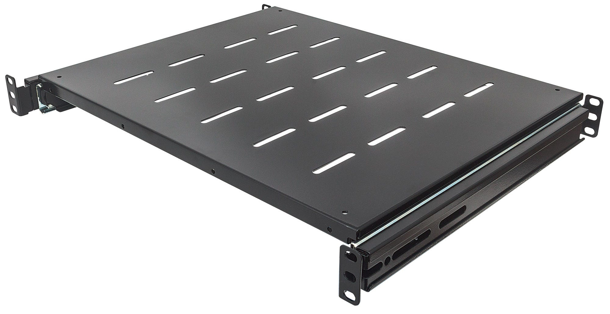 Intellinet 19" Sliding Shelf, 1U, For 600 to 800mm Depth Cabinets & Racks, shelf depth 350mm, Max weight 35kg, Black