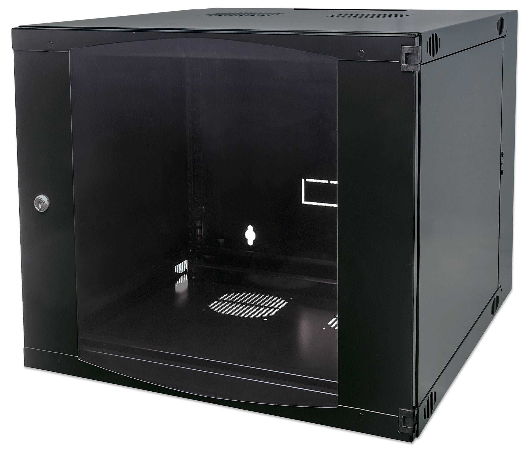 Intellinet 19" Network Cabinet - Wall Mount (Double Section Hinged Swing Out), 9U, 450mm Deep, Black, Flatpack, Max 30kg, Swings out for access to back of cabinet when installed on wall, Rack, Usable Depth 235mm, Parts for wall installation not included