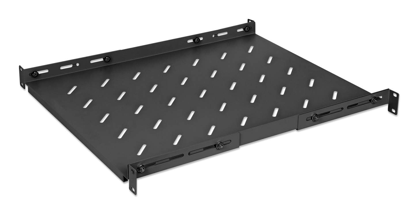 Intellinet 19" Fixed Shelf (adjustable), 1U, 550mm shelf depth, 550 to 750mm adjustable rail depth, Max 20kg, Black, Lifetime warranty