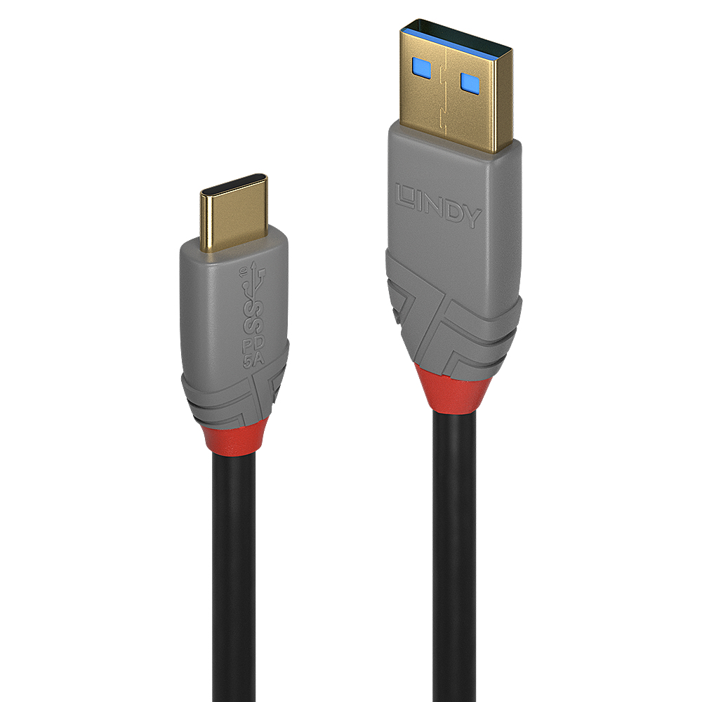 Lindy 3m USB 3.2 Type A to C Cable, 5A PD, Anthra Line