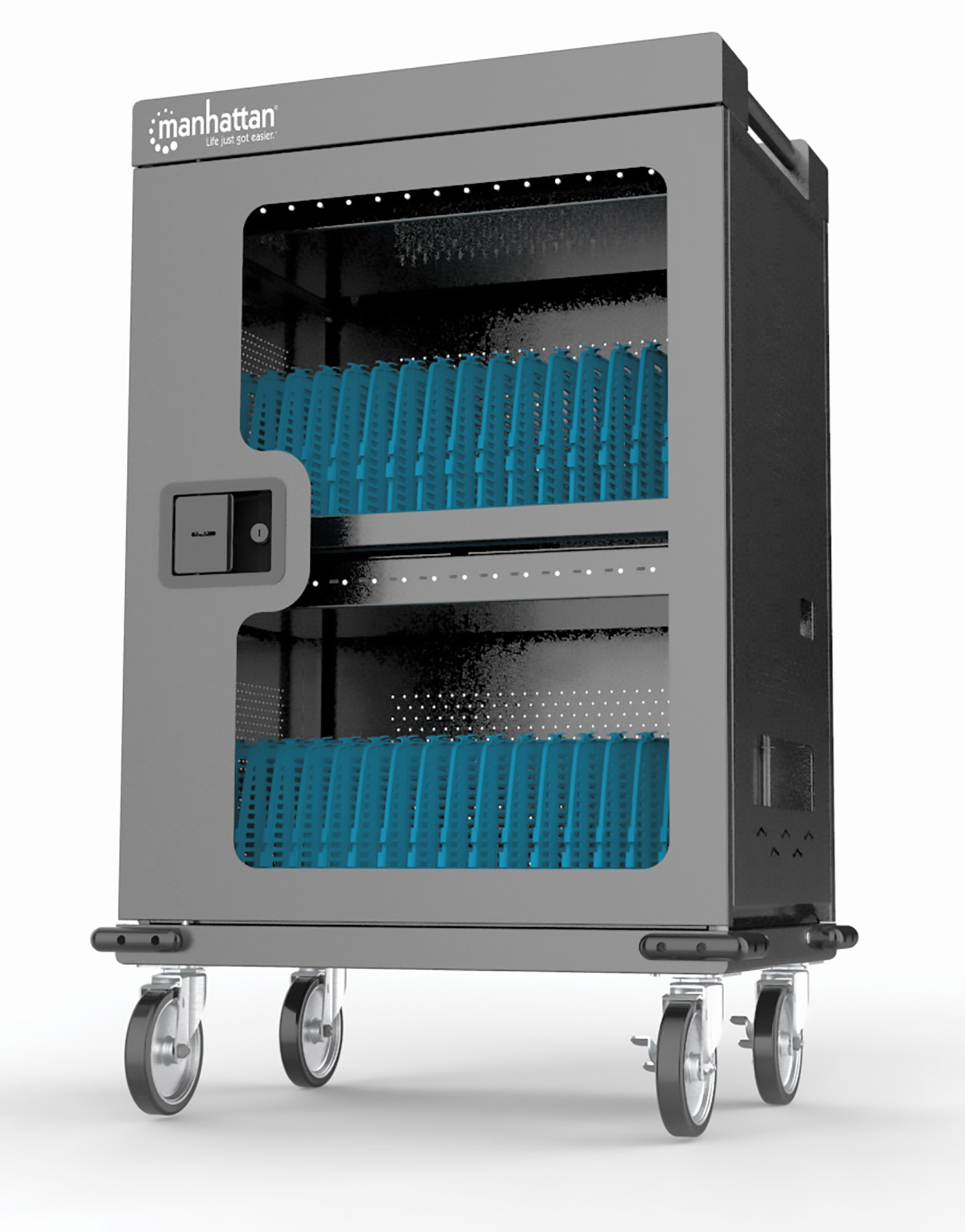 Manhattan iPad to 13", MacBook Air to 15" & Chromebook 15.6" 32-bay Charging Trolley/Cart via USB-C, Also other tablets/smartphones (with device to USB-C cable), Bays 404x27.6x283mm,Device charging cables not included (suggest USB-C cable 356213),Cabinet