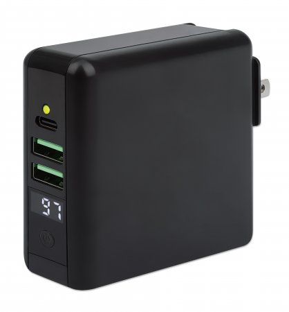 Manhattan 4-in-1 Travel Wall Charger and Powerbank 8,000 mAh, USA/UK/Euro 2-pin Plugs, Output: 1x USB-C, 2x USB-A ports and Wireless Charging Pad (5W), Black, One Year Warranty