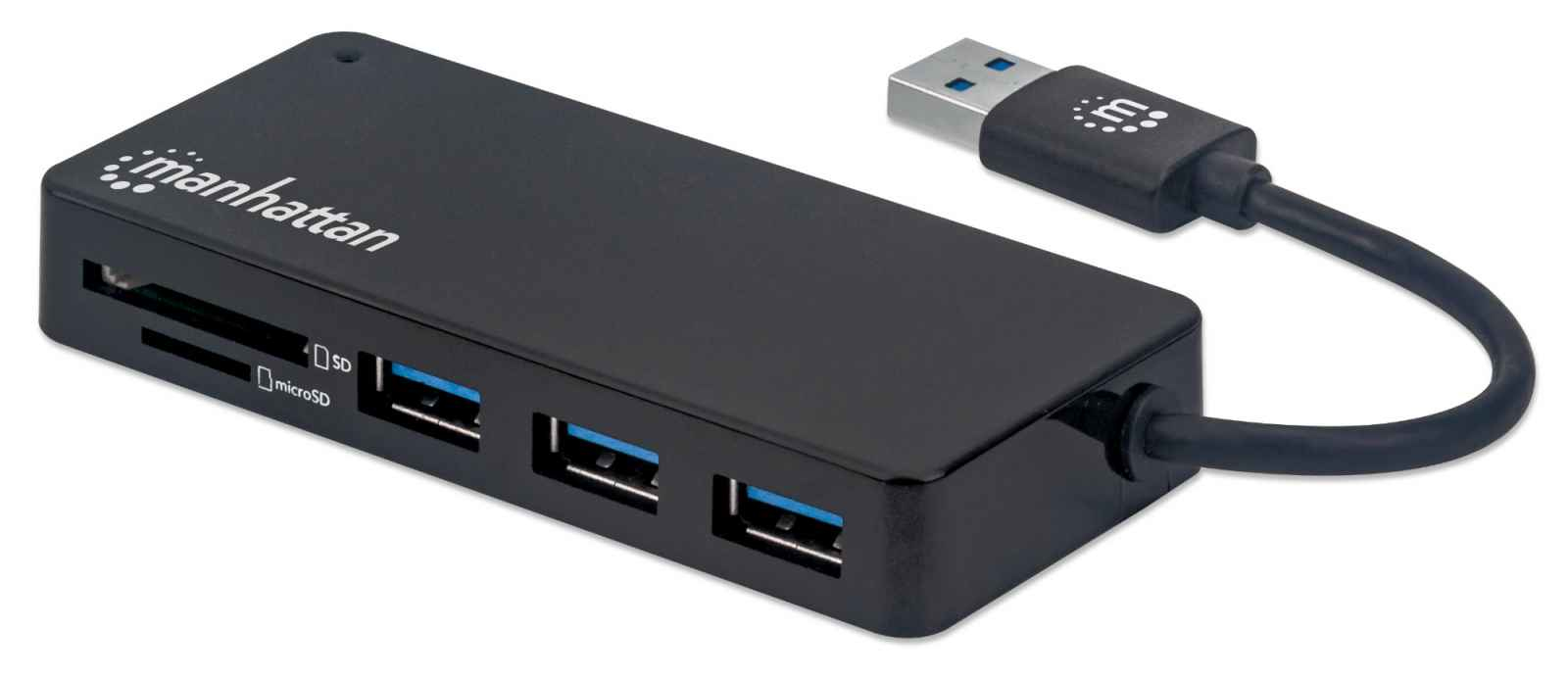 Manhattan USB-A 3-Port Hub with Card Reader, 3x USB-A ports, 5 Gbps (USB 3.2 Gen1 aka USB 3.0), SD, MicroSD, MMC and Memory Stick; Bus Power, SuperSpeed USB, Black, Three Year Warranty