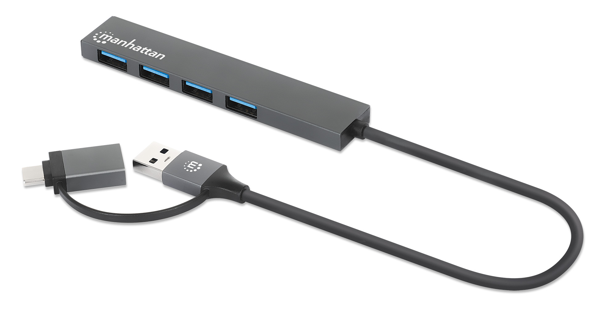 Manhattan USB-C & USB-A Combo Dock/Hub, Ports (4): USB-A (x4), 5 Gbps (USB 3.2 Gen1 aka USB 3.0), External Power Supply Not Needed, Universal for all devices, Cable 25cm, SuperSpeed USB, Black, Three Year Warranty