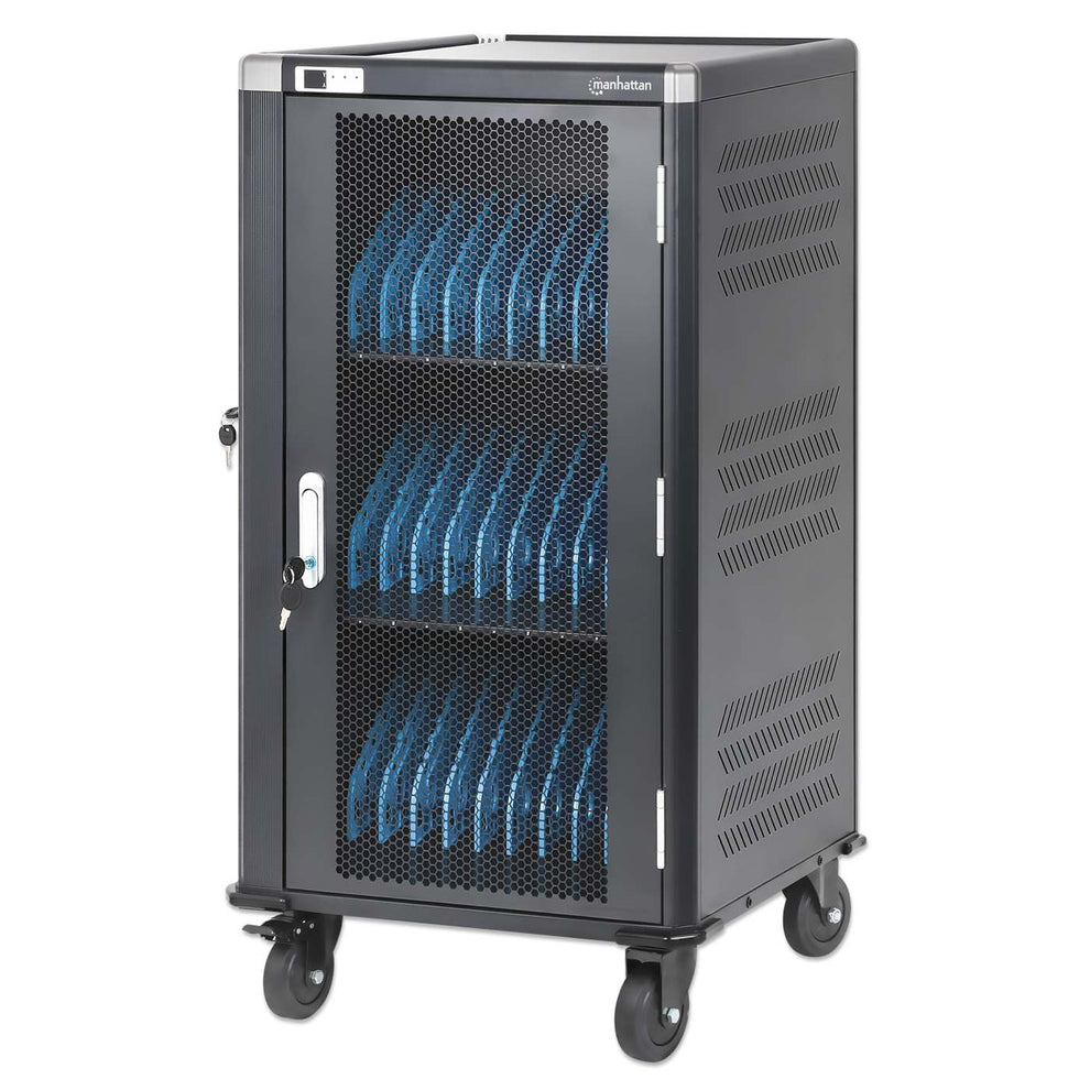 Manhattan Laptop Charging Cart/Trolley via AC Adapter (UK) x30 Bay, Install device's AC Adapter (power cables) into unit, Suitable for ALL laptops (to 15.6"), iPads, MacBooks, Chromebooks, other USB-C devices, Bays 380x30x280mm, Cabinet, Lockable
