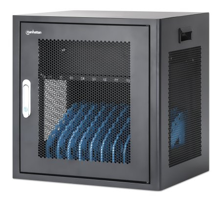 Manhattan Laptop Charging Cabinet Desktop via AC Adapter (UK) x10 Bay, Install device's AC Adapter (power cables) into unit, Suitable for ALL laptops (to 15.6"), iPads, MacBooks, Chromebooks, other USB-C devices, Bays 380x30x280mm, Cart, Lockable