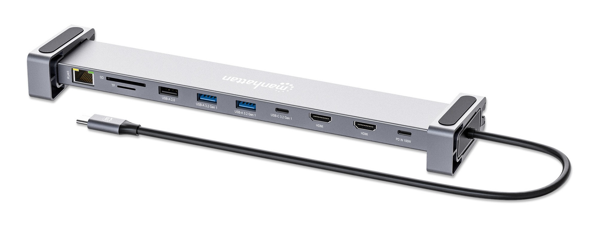Manhattan USB-C Dock/Hub with Card Reader and MST, Ports (x7): GB Ethernet, HDMI (x2 4k@60Hz), USB-A (x3) and USB-C, Power Delivery (100W) to USB-C Port (Note add USB-C wall charger and USB-C cable needed),4K@60Hz,All Ports can be used at the same time, U