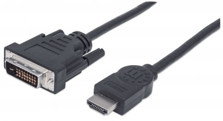 Manhattan HDMI to DVI-D 24+1 Cable, 2m, Male to Male, Black, Dual Link, Compatible with DVD-D, Lifetime Warranty, Equivalent to HDDVIMM2M