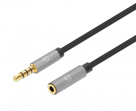 Manhattan Stereo Audio 3.5mm Extension Cable, 5m, Male/Female, Slim Design, Black/Silver, Premium with 24 karat gold plated contacts and pure oxygen-free copper (OFC) wire, Lifetime Warranty