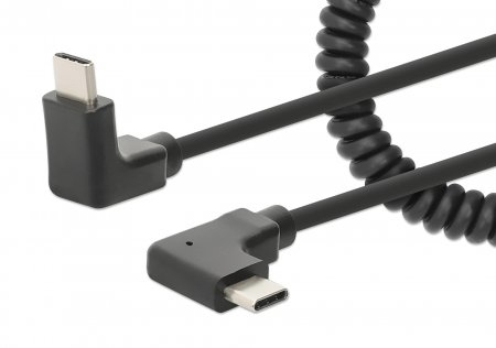 Manhattan USB-C to USB-C Cable, 1m, Male to Male, Black, 480 Mbps (USB 2.0), Tangle Resistant Curly Design, Angled Connectors, Ideal for Charging Cabinets/Carts, Power Delivery up to 60W, Charge only - not for data sync, Hi-Speed USB, Lifetime Warranty