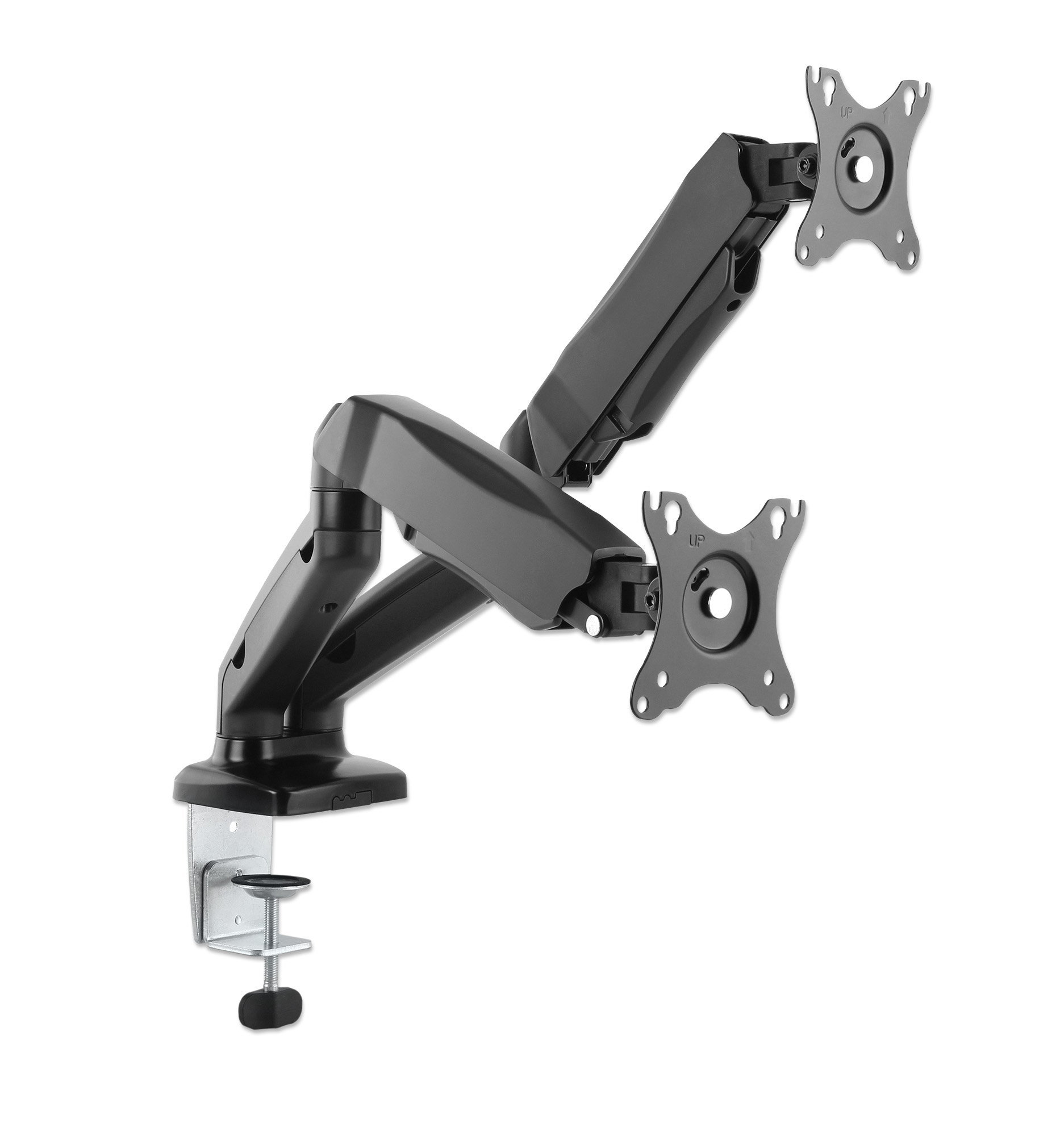Manhattan Dual Desk Mount for TV & Monitors (Full Motion Spring), For screens 10" to 27", C-Clamp or Grommet Assembly,VESA compatability: 75x75 and 100x100mm -check the dimensions of the four mounting holes on back of screen to ensure it fits,Max 9kg (eac