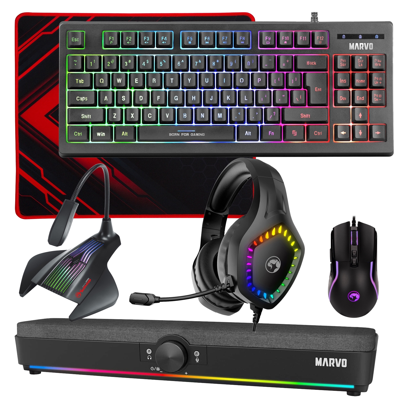 MARVO Scorpion 6-Product Gaming & Streaming Bundle featuring 80% TKL Multimedia Keyboard, Programmable USB Mouse, Non-Slip Mousepad, PC & Console-Compatible RGB Gaming Headset, RGB Stereo Soundbar & USB Streaming Microphone