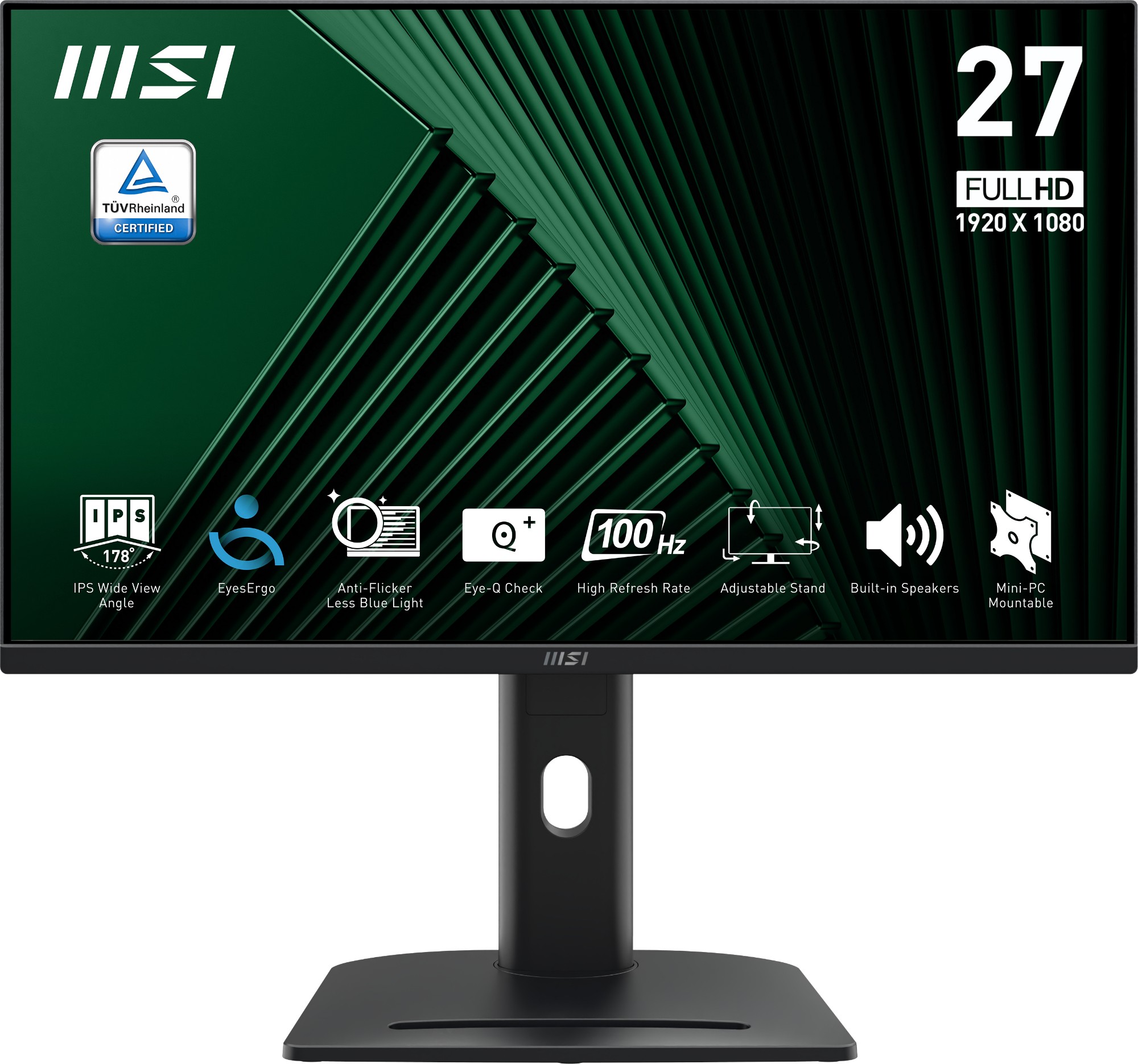 MSI PRO MP275PG 27 Inch Monitor, FHD (1920 x 1080), 100Hz, IPS, 1ms, 1x HDMI 1.4b, 1x DP 1.2a output, 1x D-Sub(VGA), Built-in Speakers, Anti-Glare, Anti-Flicker, Less Blue light, TÜV Certified, VESA, Kensington, 4-way adjustable stand, Black