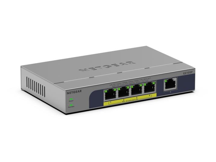 NETGEAR GS105P Unmanaged Gigabit Ethernet (10/100/1000) Power over Ethernet (PoE) Desktop/Wall-Mounting Grey