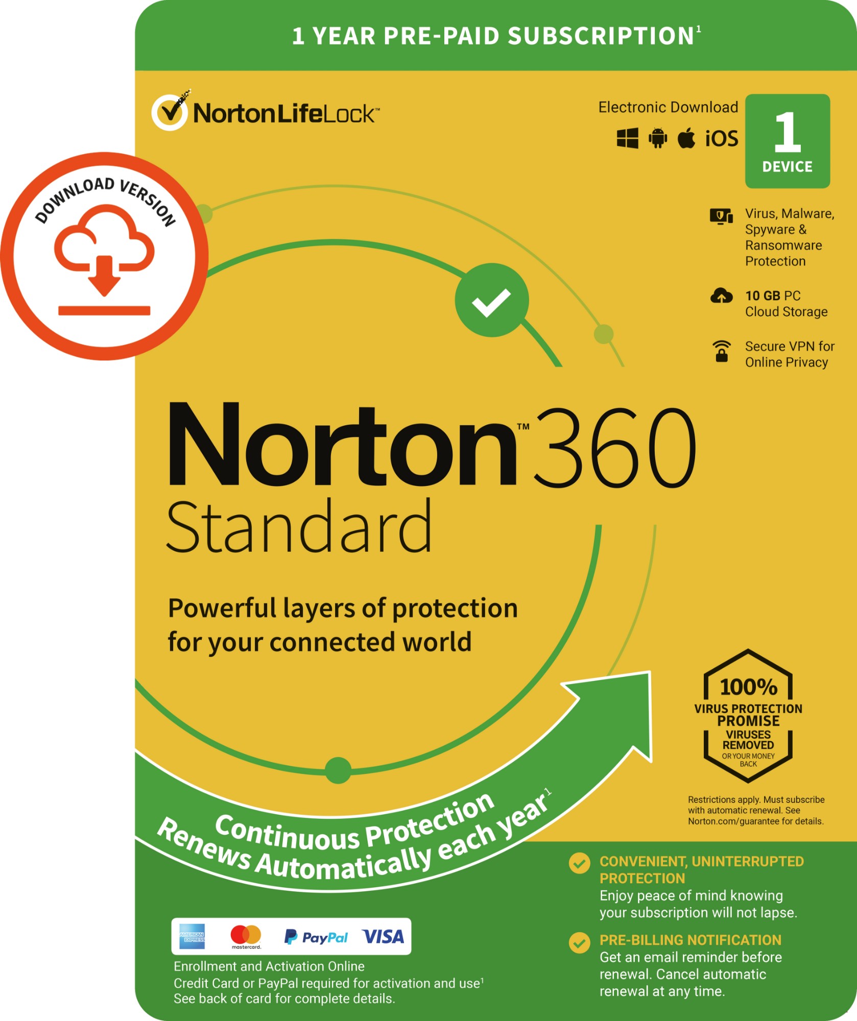 NortonLifeLock Norton 360 Standard | 1 Device | 1 Year Subscription with Automatic Renewal | Includes Secure VPN and Password Manager | PCs, Mac, Smartphones and Tablets