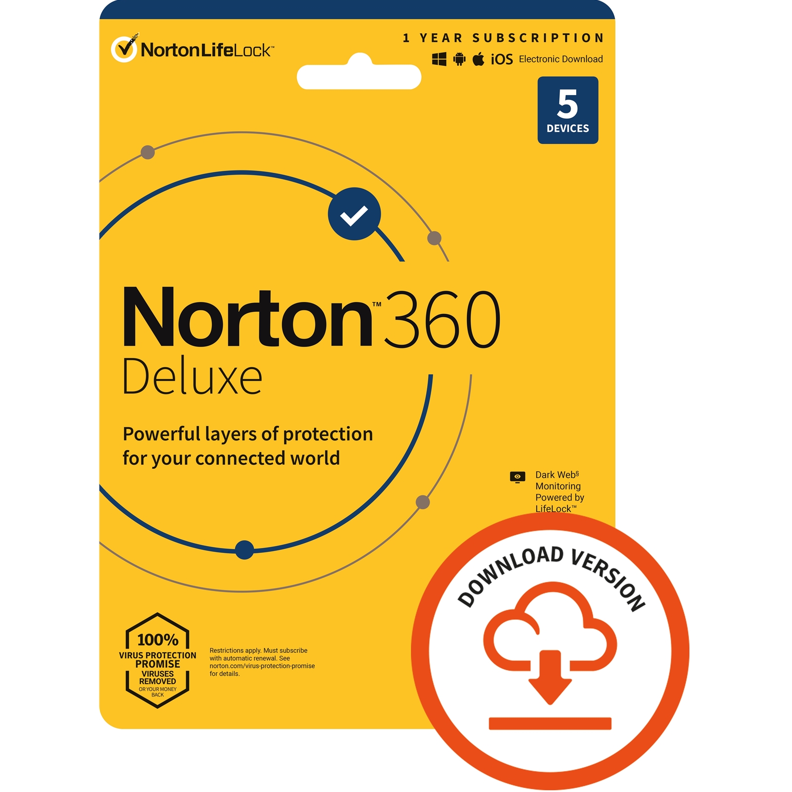 Norton 360 Deluxe 1x 5 Device, 1 Year ESD - Single 5 Device Licence via email, 50GB Cloud Storage, AI Scam Detector - PC, Mac, iOS & Android *Non-enrolment*
