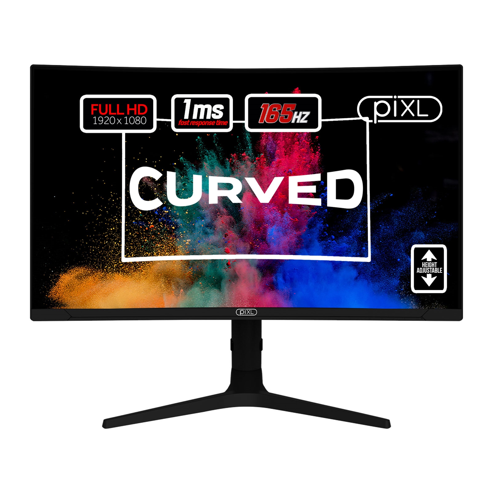 PIXL CM27C7 27 Inch Curved Monitor, 165Hz, 1ms, Frameless, Freesync / G-Sync, Full HD, HDMI, Display Port, USB, Black with RGB Lighting, VESA Mount, Height Adjustable