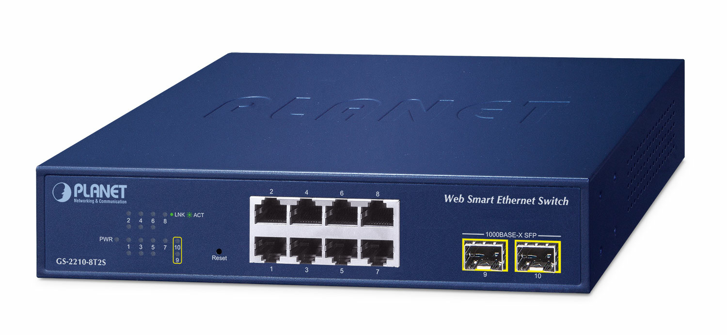 PLANET 8-Port 10/100/1000T + 2-Port Managed L2 Gigabit Ethernet (10/100/1000) Blue