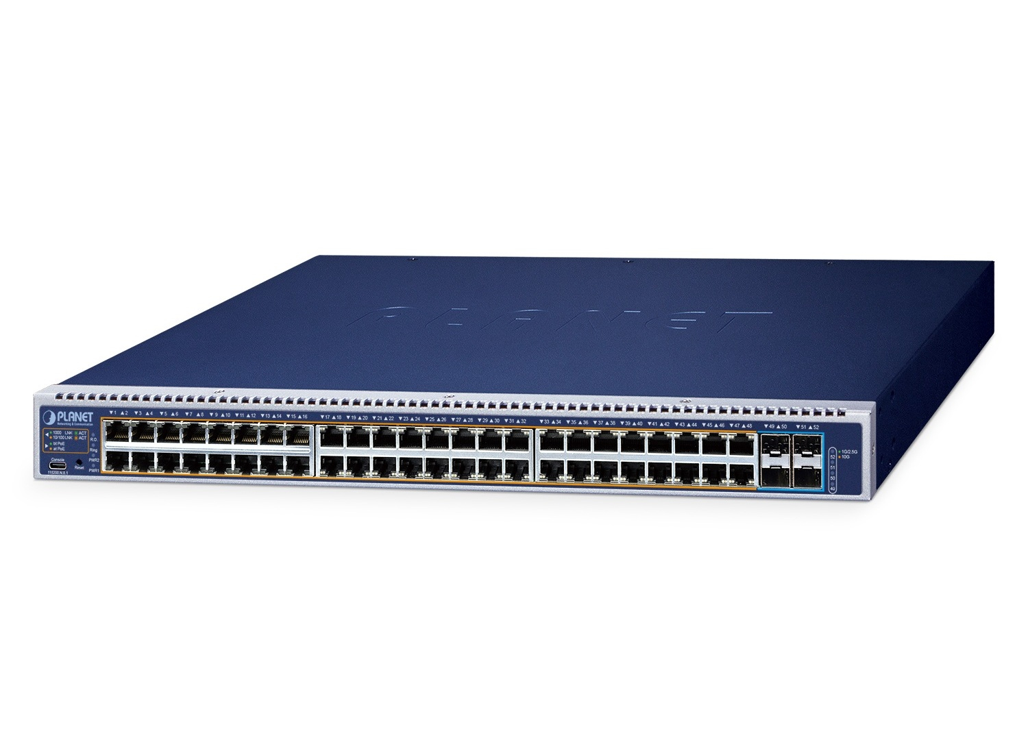 PLANET L3 48-Port 10/100/1000T 95W 802.3bt PoE + 4-Port 10G SFP+ Managed Switch Gigabit Ethernet (10/100/1000) Power over Ethernet (PoE) 1U Blue