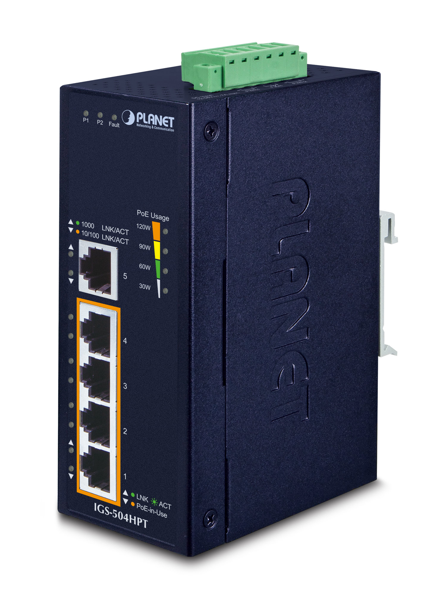 PLANET IGS-504HPT network switch Unmanaged L2 Gigabit Ethernet (10/100/1000) Power over Ethernet (PoE) Blue